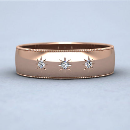 Millgrained Edge And Three Star Diamond Set 9ct Rose Gold 6mm Wedding Ring Down View