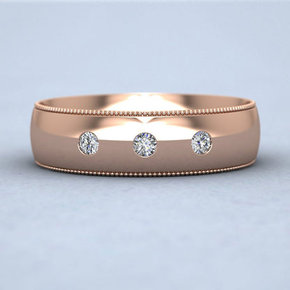 Diamond Set And Millgrain Edge 9ct Rose Gold 6mm Wedding Ring