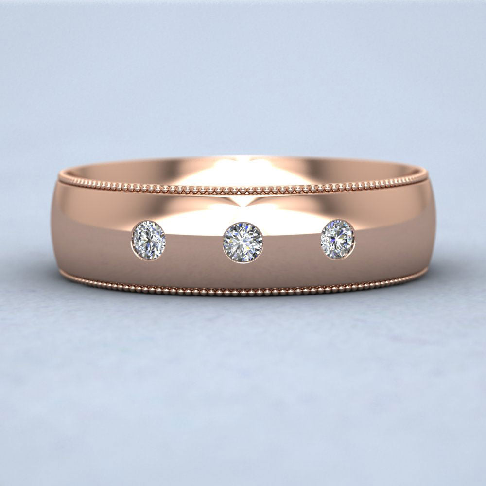 Diamond Set And Millgrain Edge 18ct Rose Gold 6mm Wedding Ring