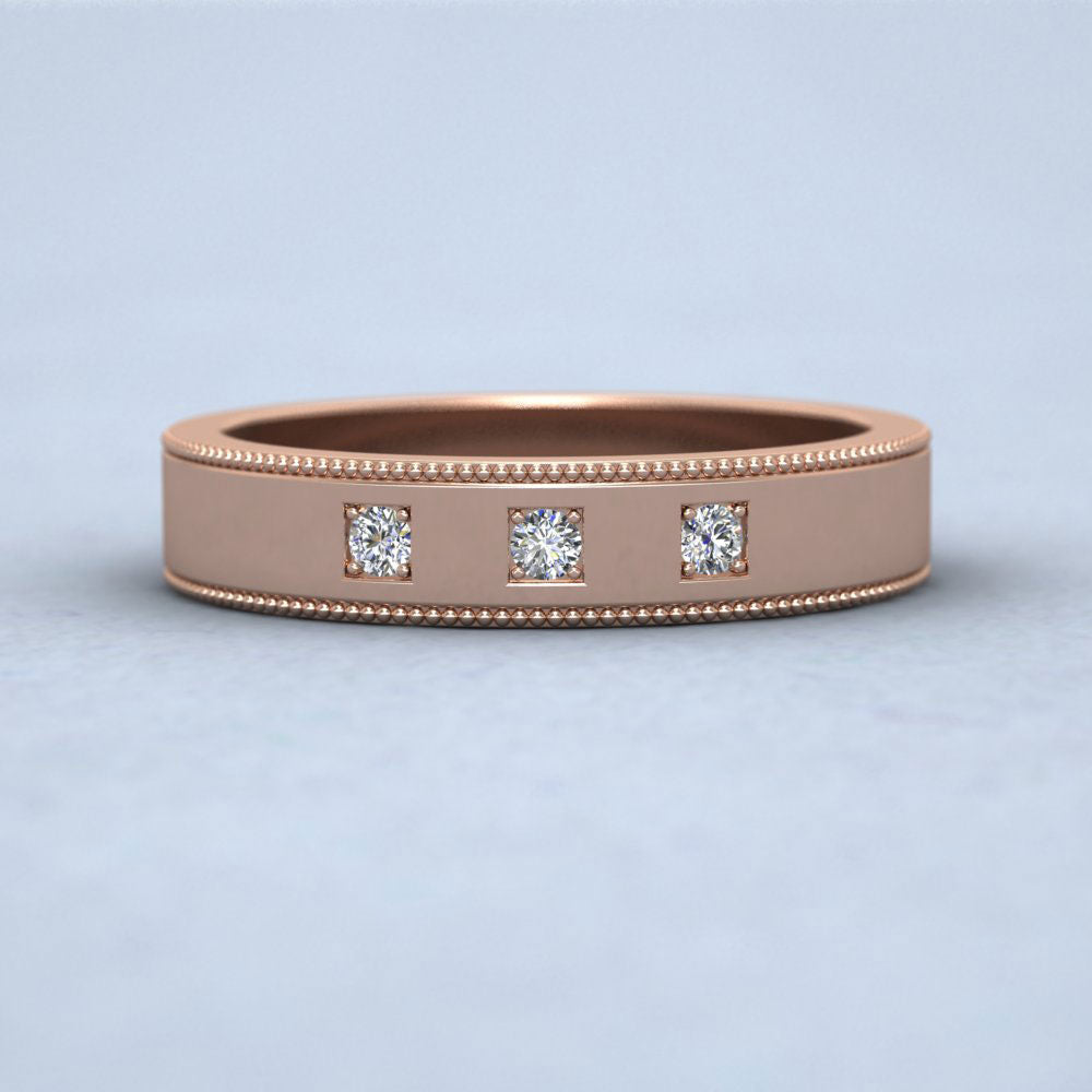 Three Diamonds With Square Setting 9ct Rose Gold 4mm Wedding Ring With Millgrain Edge Down View