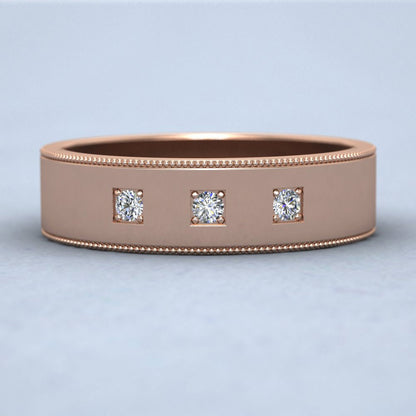 Three Diamonds With Square Setting 9ct Rose Gold 6mm Wedding Ring With Millgrain Edge Down View