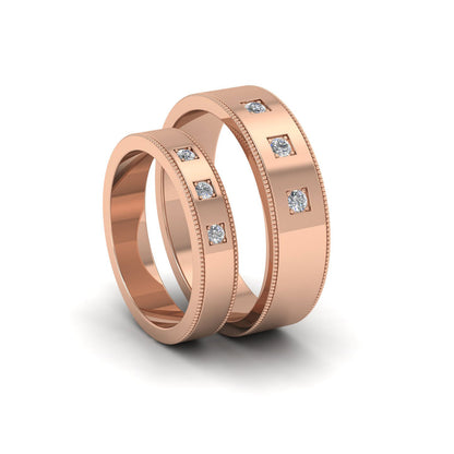 Three Diamonds With Square Setting 9ct Rose Gold 4mm Wedding Ring With Millgrain Edge