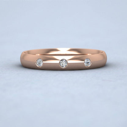 Three Diamond Flush Set 9ct Rose Gold 3mm Wedding Ring Down View