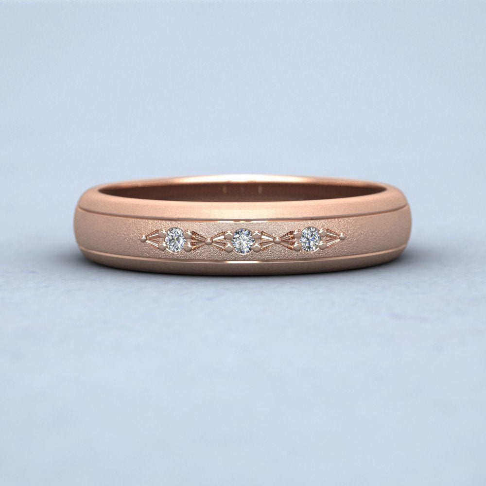 Three Diamond Set 9ct Rose Gold 4mm Wedding Ring With Lines Down View