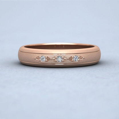 Three Diamond Set 9ct Rose Gold 4mm Wedding Ring With Lines Down View