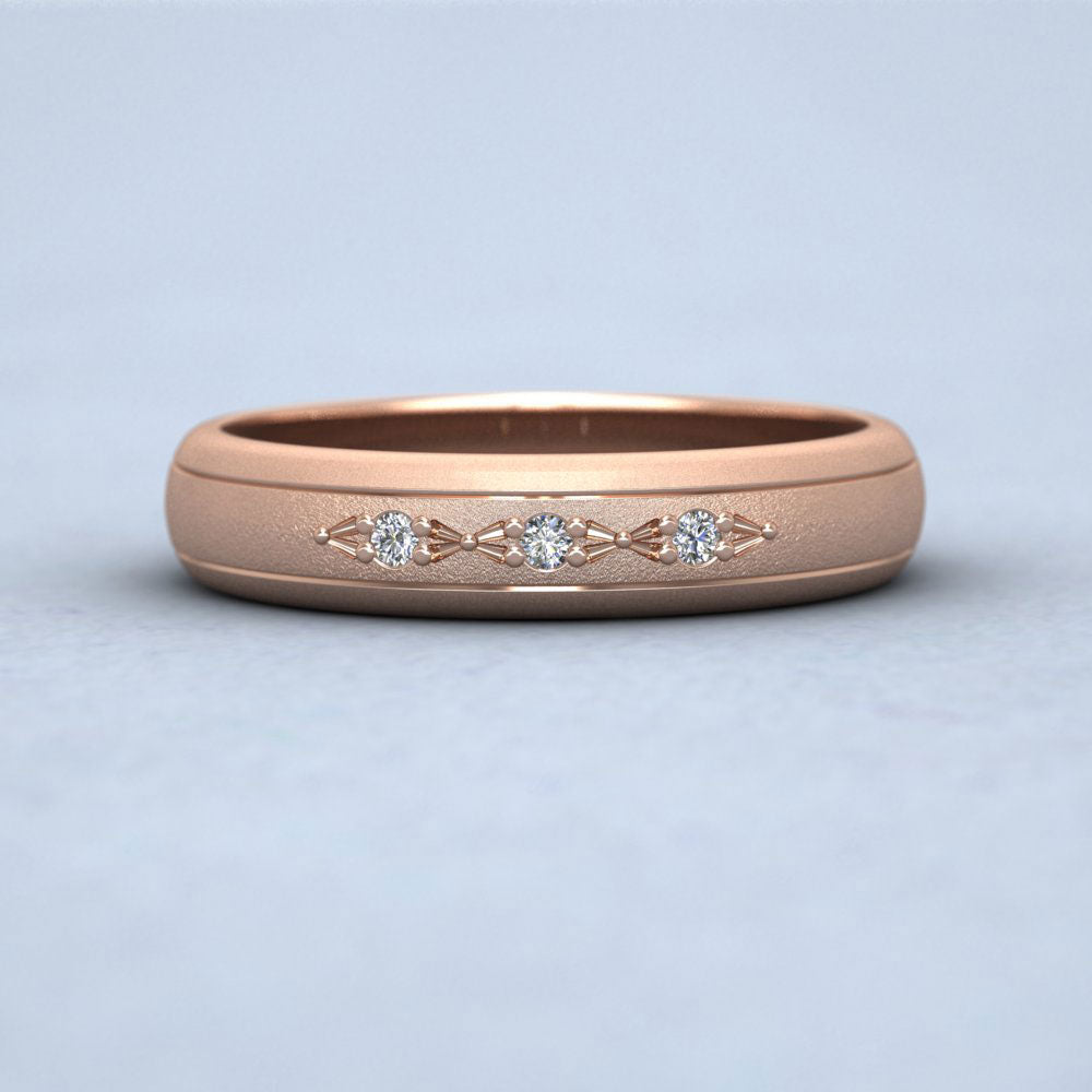 Three Diamond Set 18ct Rose Gold 4mm Wedding Ring With Lines Down View