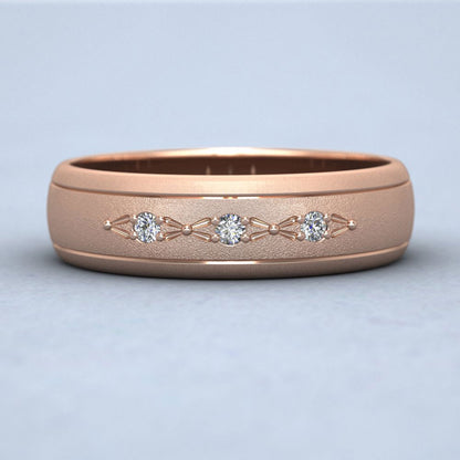 Three Diamond Set 9ct Rose Gold 6mm Wedding Ring With Lines Down View