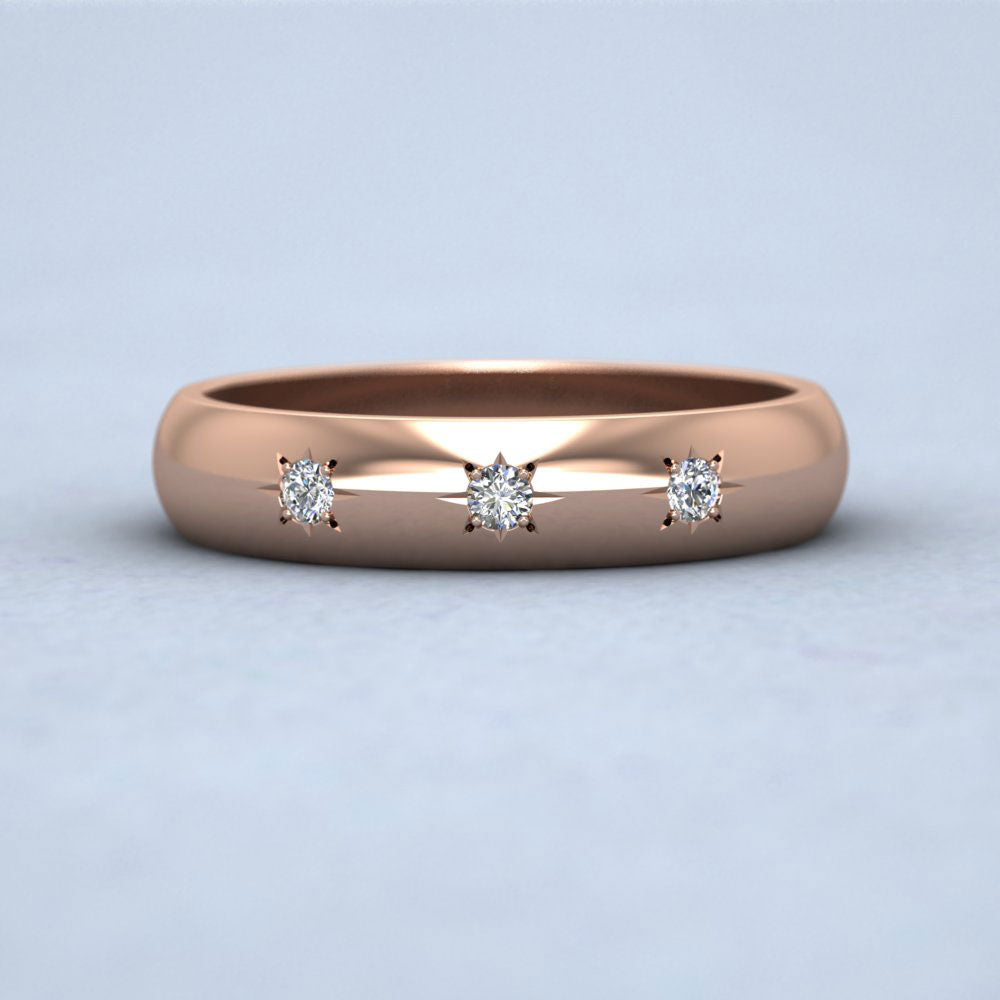 Three Star Diamond Set 18ct Rose Gold 4mm Wedding Ring Down View