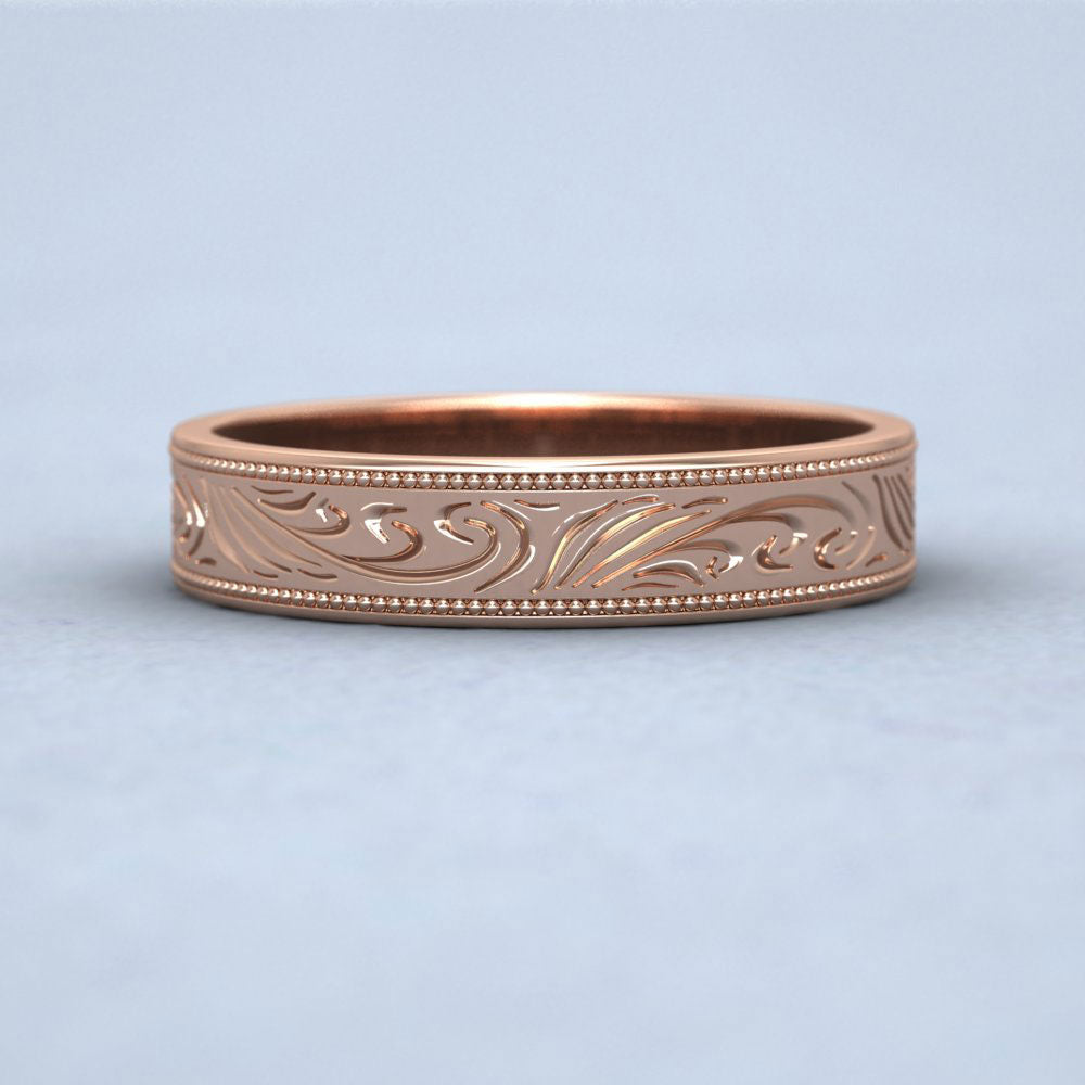 Engraved 9ct Rose Gold 4mm Flat Wedding Ring With Millgrain Edge