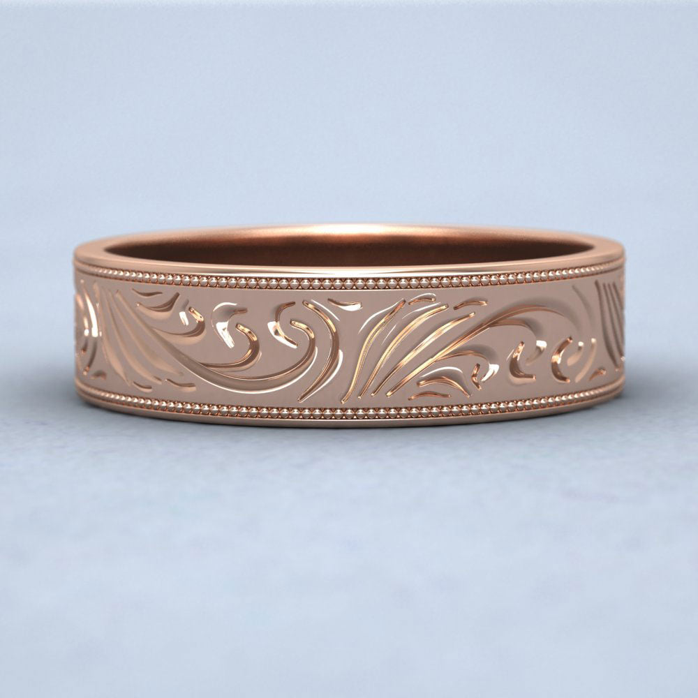 Engraved 9ct Rose Gold 6mm Flat Wedding Ring With Millgrain Edge