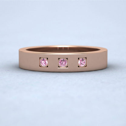 Three Pink Sapphires With Square Setting 9ct Rose Gold 4mm Wedding Ring Down View