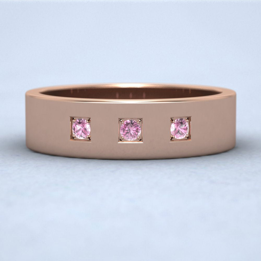 Three Pink Sapphires With Square Setting 9ct Rose Gold 6mm Wedding Ring Down View