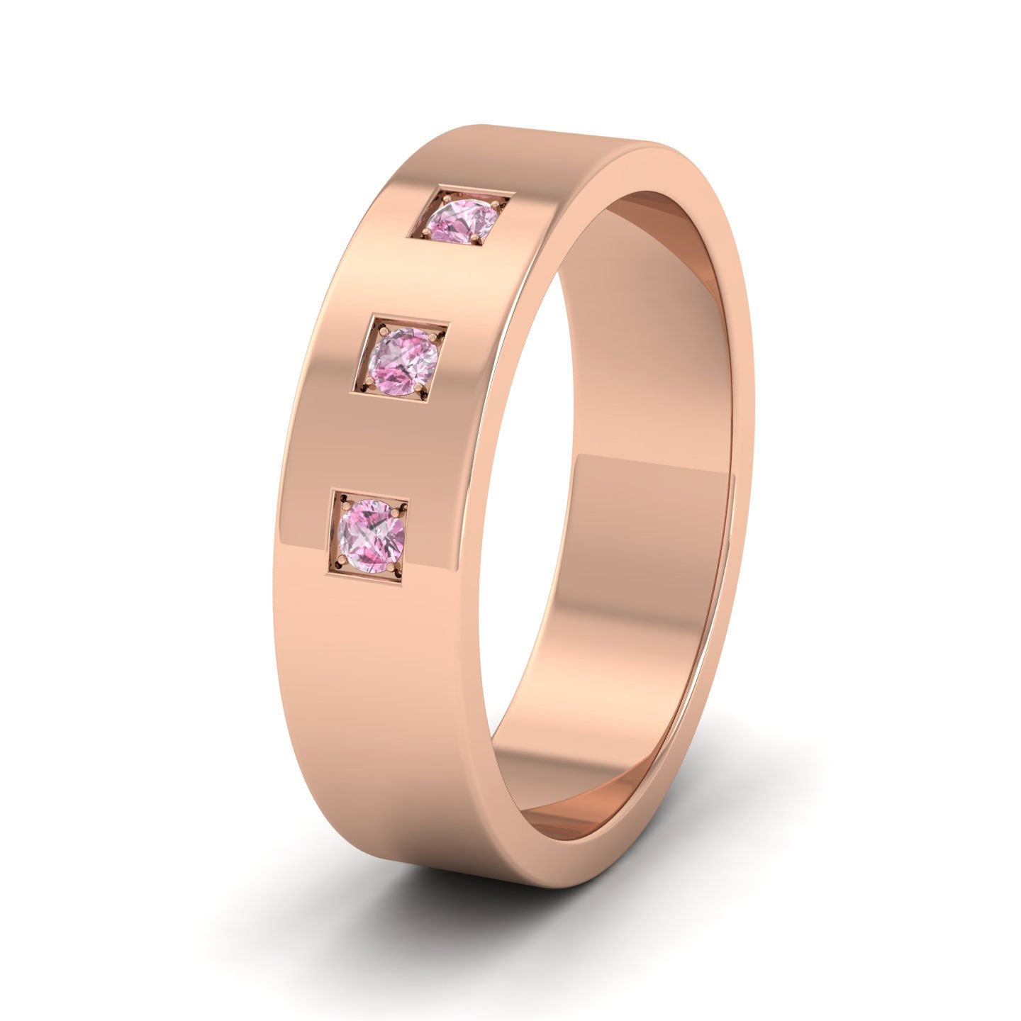 Three Pink Sapphires With Square Setting 9ct Rose Gold 6mm Wedding Ring