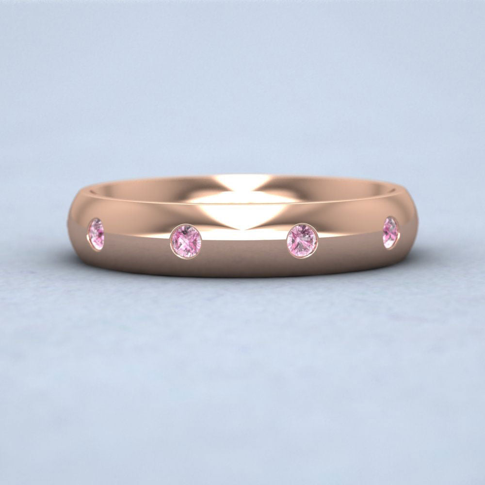 Ten Pink Sapphire Set Flush 9ct Rose Gold 4mm Wedding Ring Down View