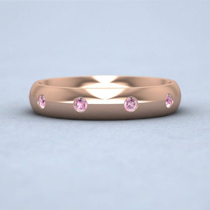 Ten Pink Sapphire Set Flush 9ct Rose Gold 4mm Wedding Ring Down View