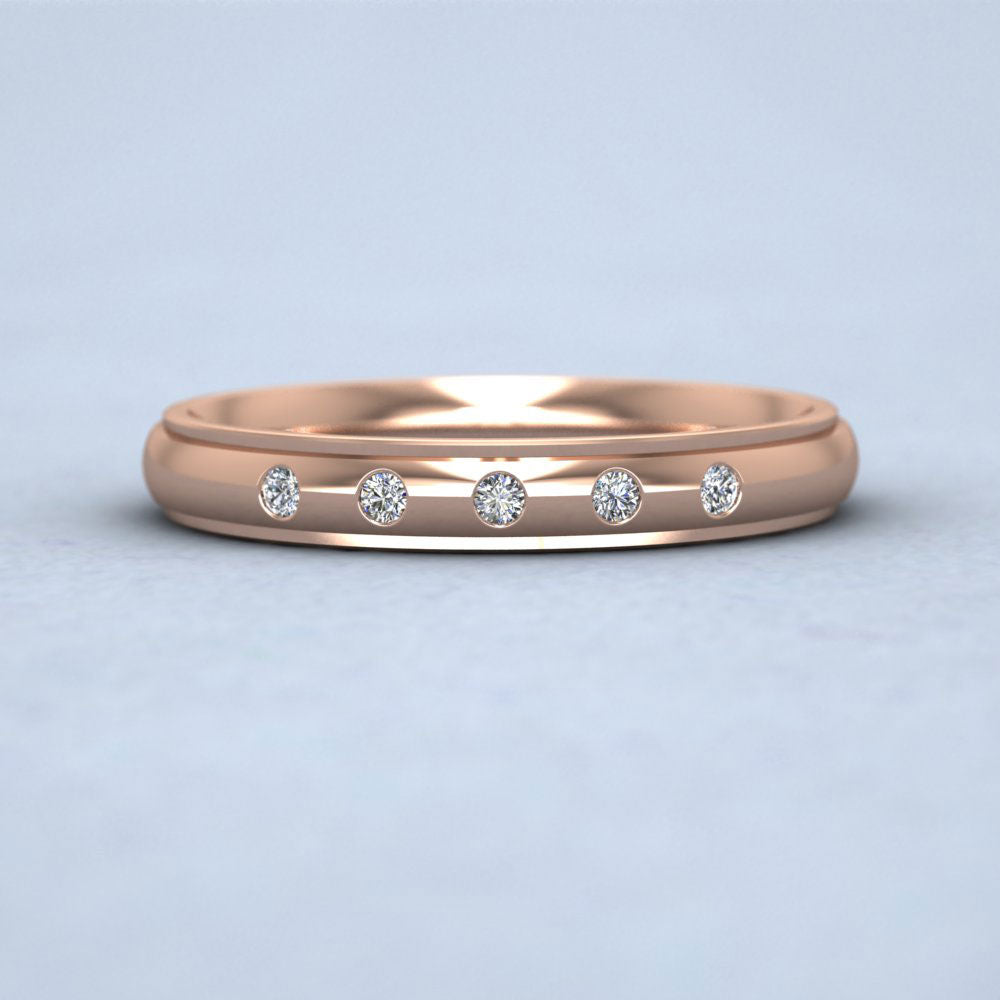 Line Pattern And Five Diamond Set 9ct Rose Gold 3mm Wedding Ring Down View