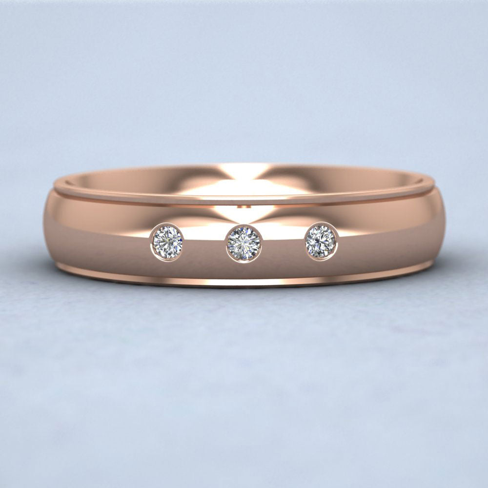 Line Pattern And Three Diamond Set 18ct Rose Gold 5mm Wedding Ring Down View