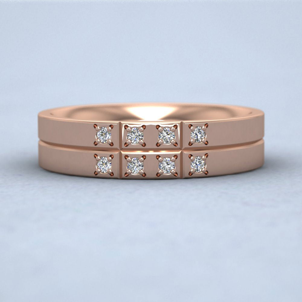 Cross Line Patterned And Diamond Set 9ct Rose Gold 5mm Flat Comfort Fit Wedding Ring Down View