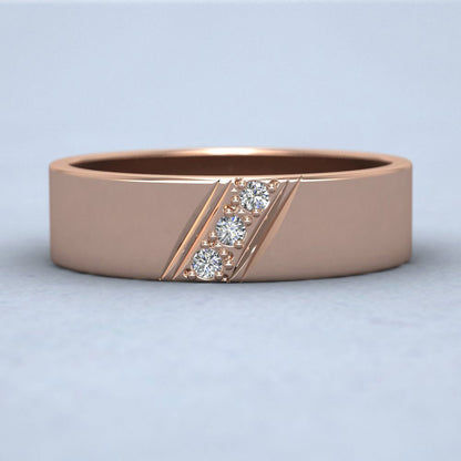 Three Diagonal Diamond Set 9ct Rose Gold 6mm Wedding Ring Down View