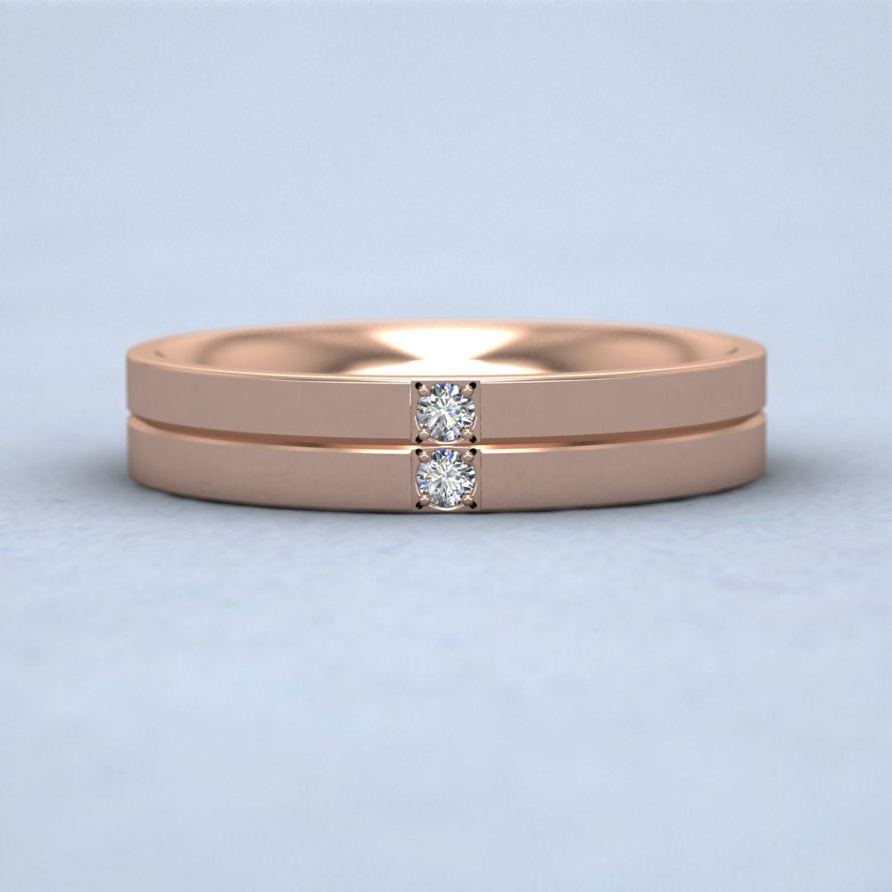 Two Diamond And Line Pattern 18ct Rose Gold 4mm Wedding Ring