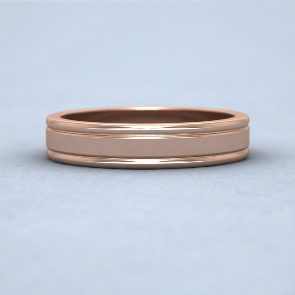 Rounded Edge Grooved Pattern Flat 9ct Rose Gold 4mm Flat Wedding Ring