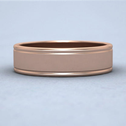 Rounded Edge Grooved Pattern Flat 9ct Rose Gold 6mm Flat Wedding Ring