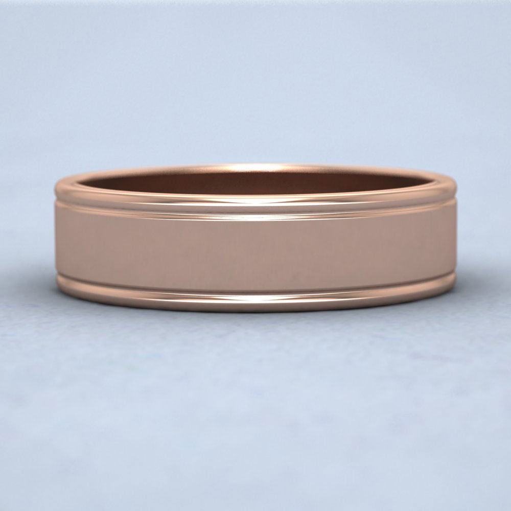 Rounded Edge Grooved Pattern Flat 18ct Rose Gold 6mm Flat Wedding Ring