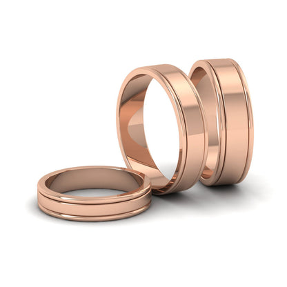 Rounded Edge Grooved Pattern Flat 9ct Rose Gold 6mm Flat Wedding Ring