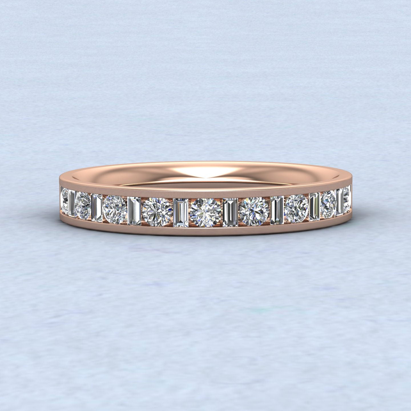 Channel Set Alternate Baguette And Round Diamond 18ct Rose Gold 3mm Ring