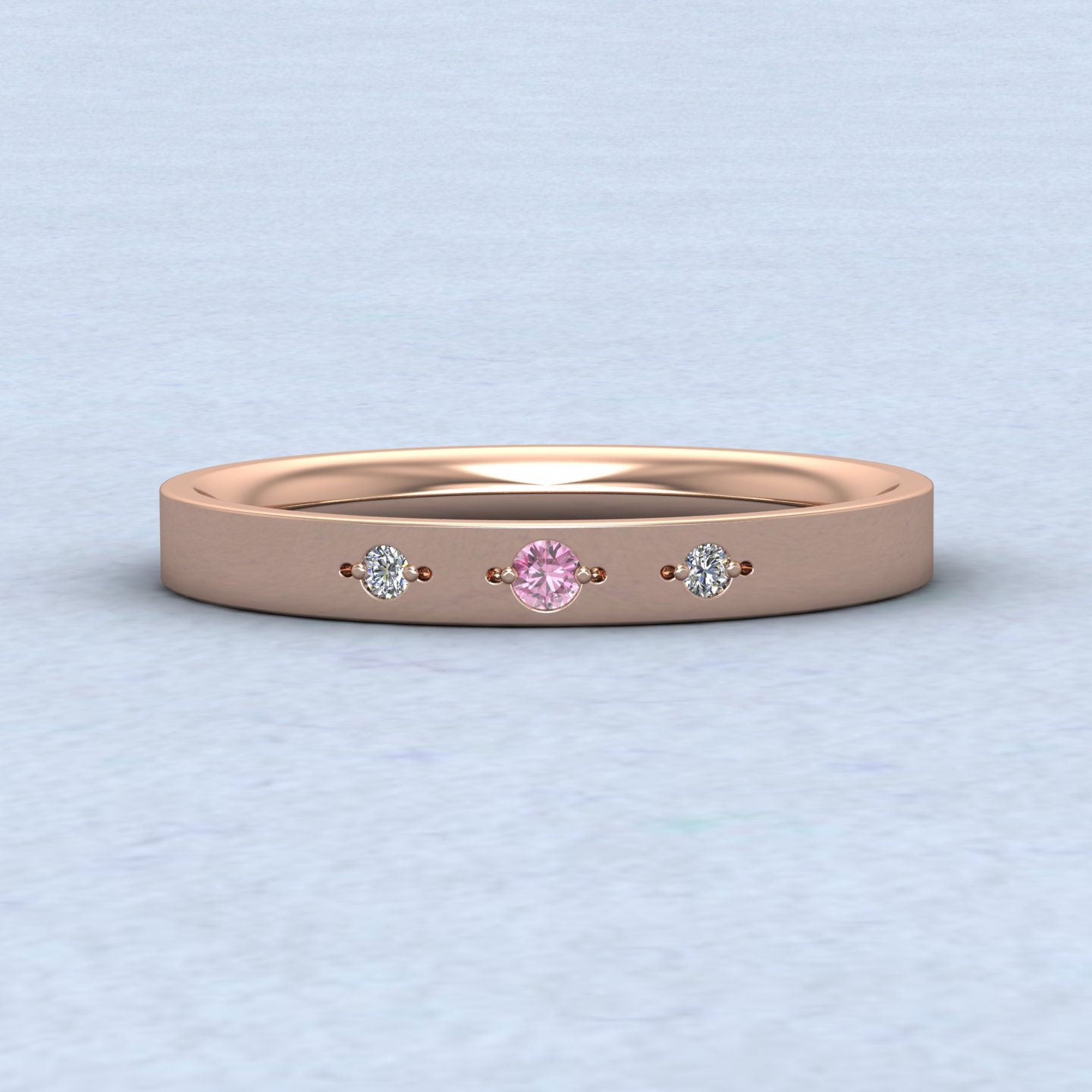 Three Diamond And Pink Sapphire Set 18ct Rose Gold 2.5mm Wedding Ring