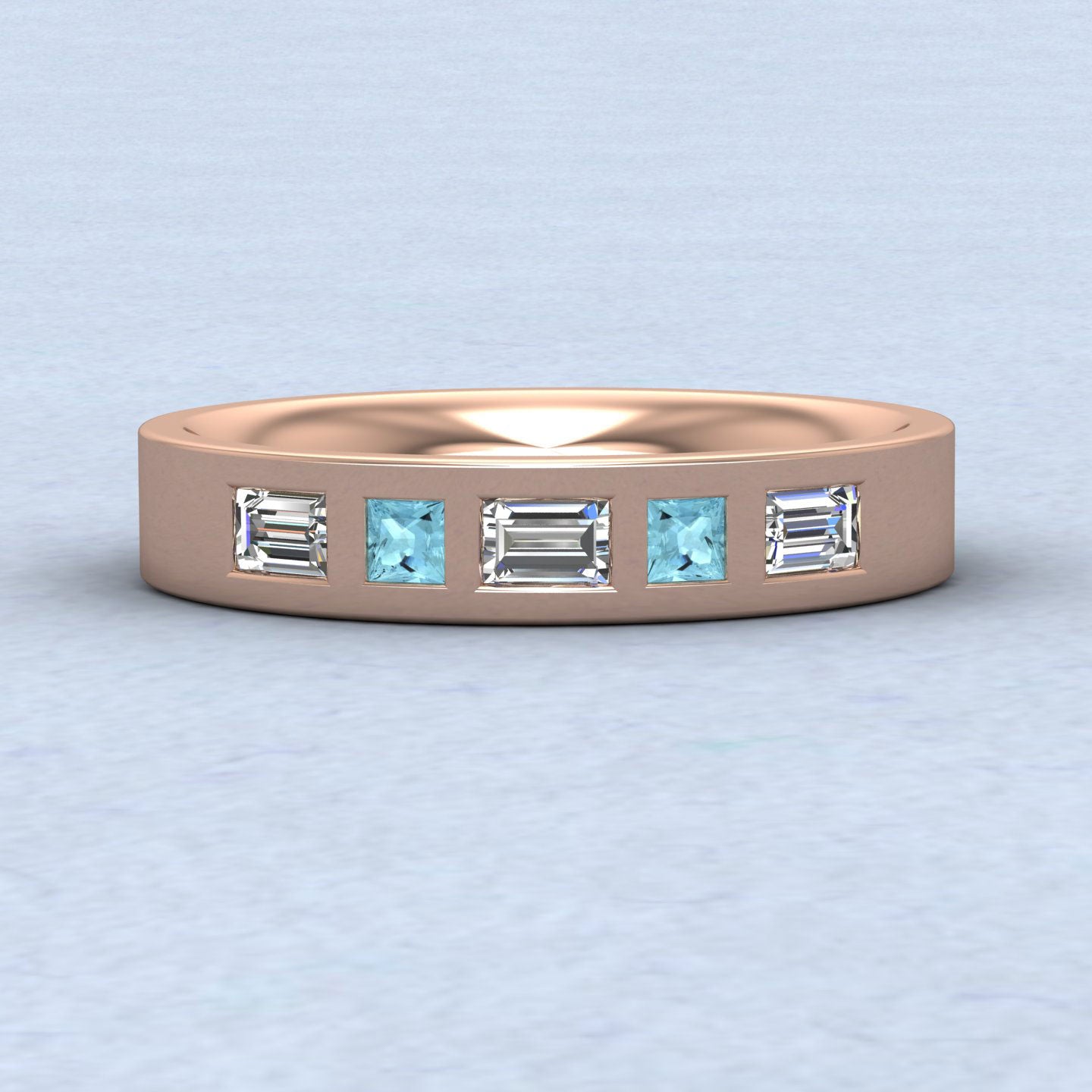 Aquamarine And Diamond Set (0.4ct Vs, F/G) 9ct Rose Gold 4mm Wedding Ring