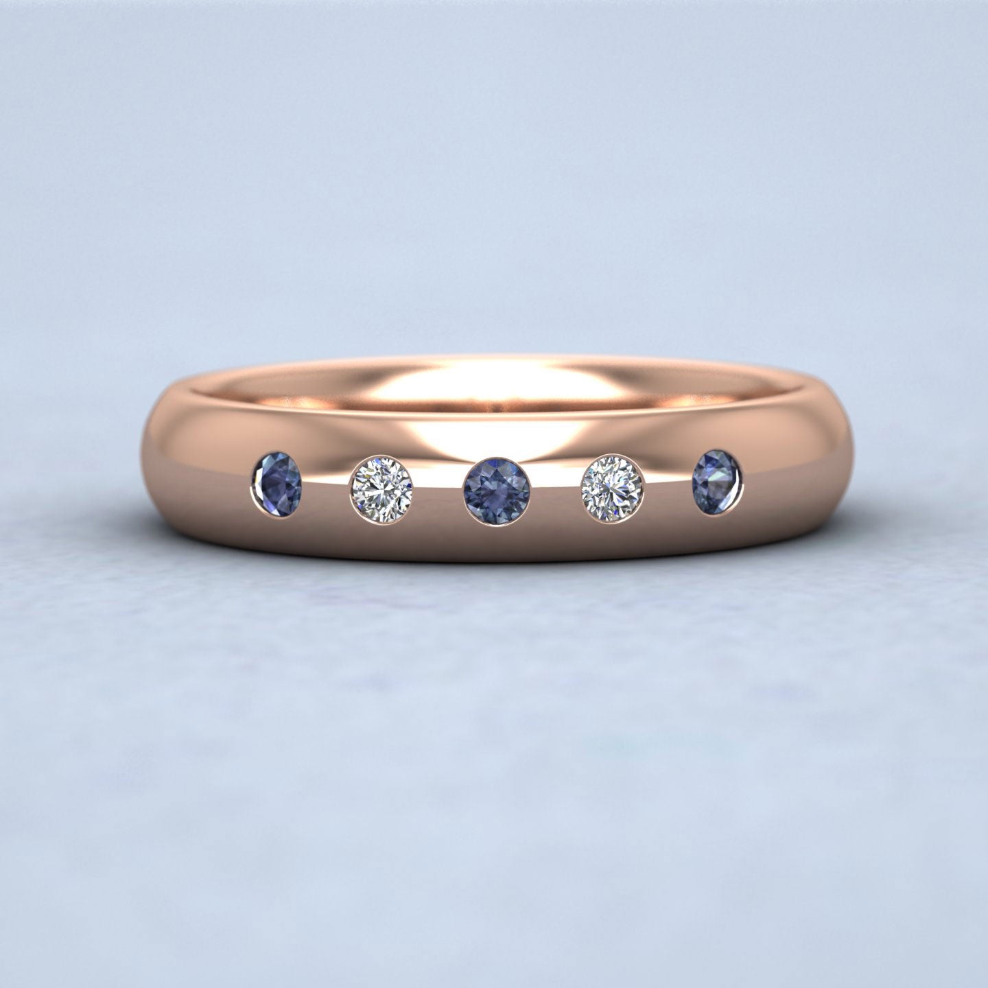 Blue Sapphire And Diamond Flush Set 18ct Rose Gold 4mm Wedding Ring