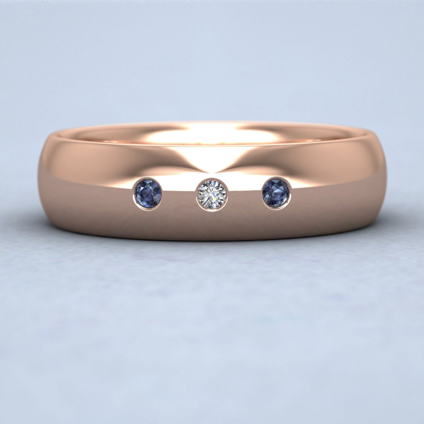 Blue Sapphire And Diamond Flush Set 18ct Rose Gold 6mm Wedding Ring