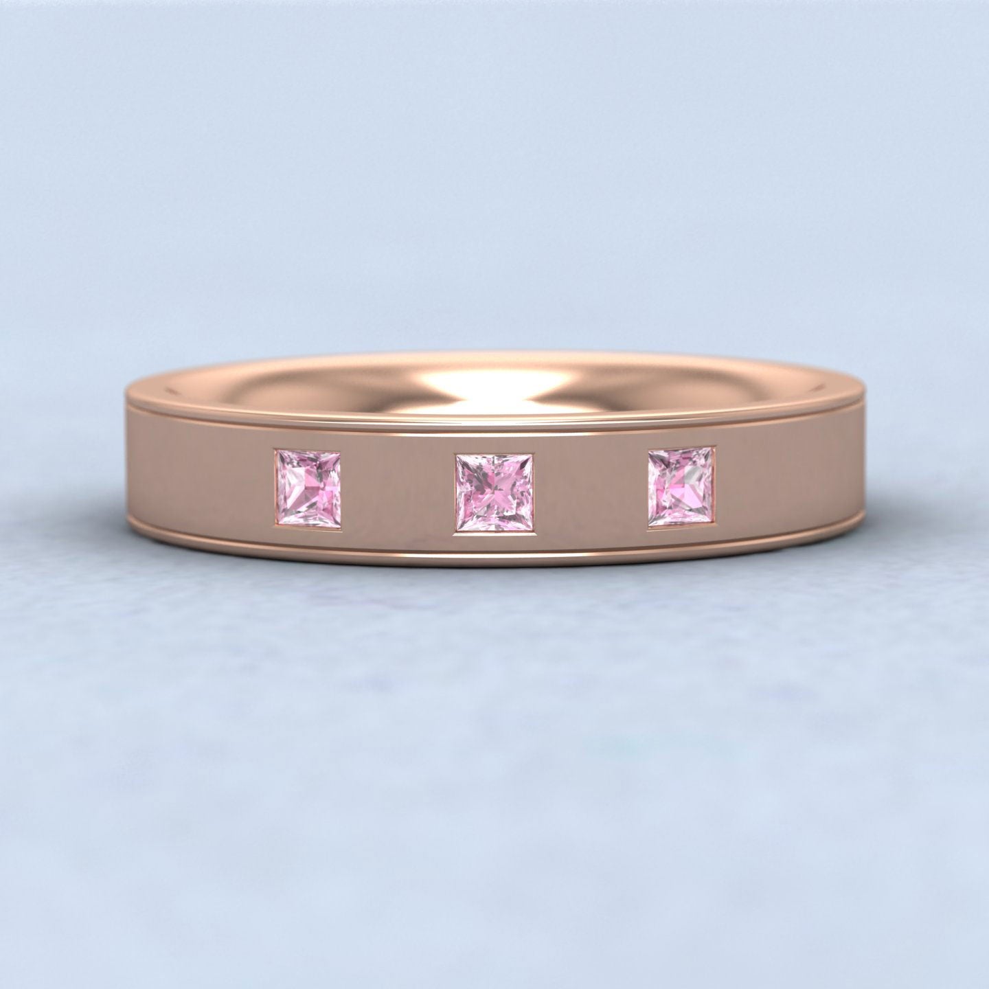 Princess Cut Pink Sapphire And Line Patterned 18ct Rose Gold 4mm Wedding Ring