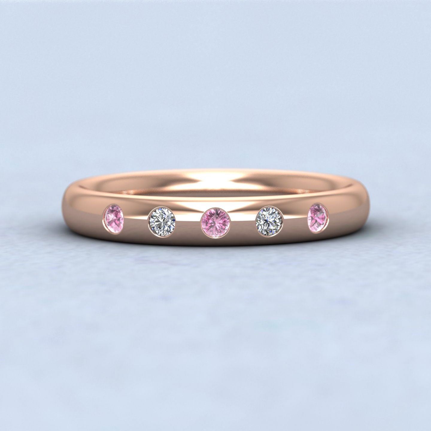 Pink Sapphire And Diamond Flush Set 18ct Rose Gold 3mm Wedding Ring