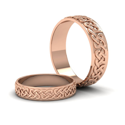 Celtic Patterned Flat 9ct Rose Gold 6mm Wedding Ring