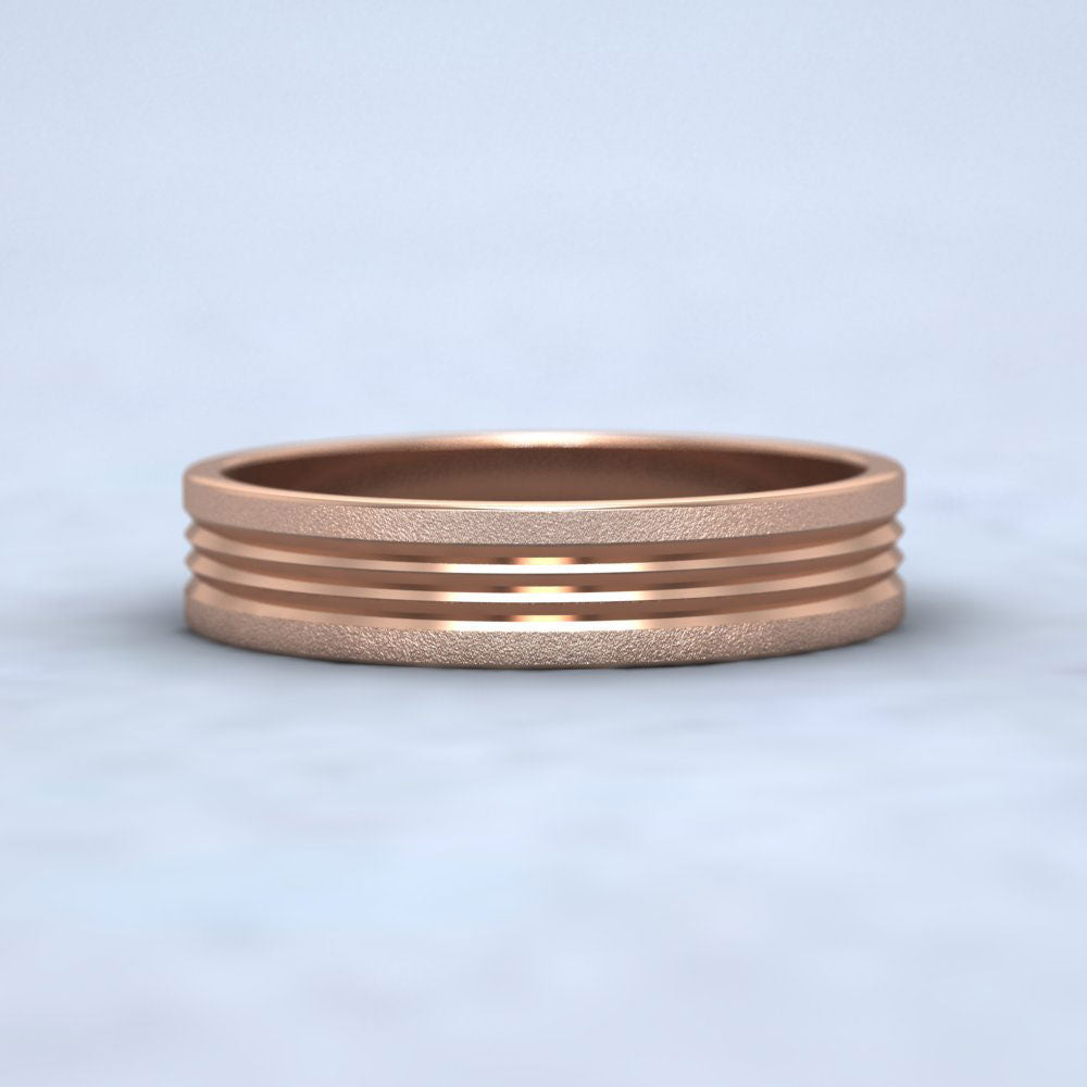 Grooved Pattern 9ct Rose Gold 4mm Flat Wedding Ring