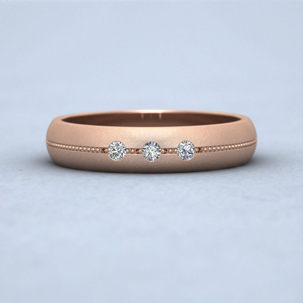 Three Diamond And Centre Millgrain Pattern 9ct Rose Gold 4mm Wedding Ring Down View