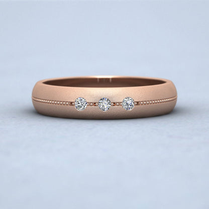 Three Diamond And Centre Millgrain Pattern 9ct Rose Gold 4mm Wedding Ring Down View