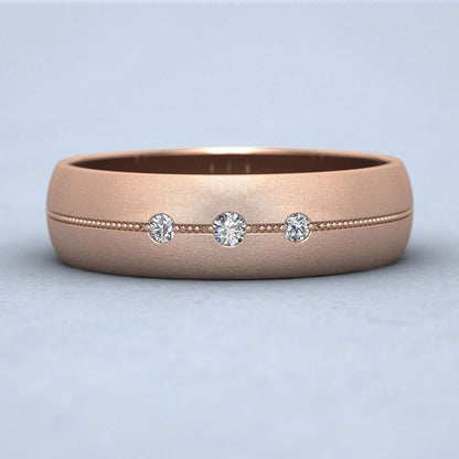 Three Diamond And Centre Millgrain Pattern 9ct Rose Gold 6mm Wedding Ring Down View