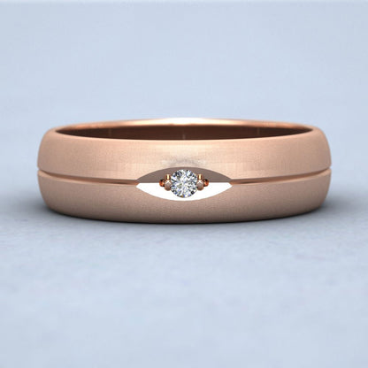 Diamond Set And Centre Line Pattern 9ct Rose Gold 6mm Wedding Ring Down View