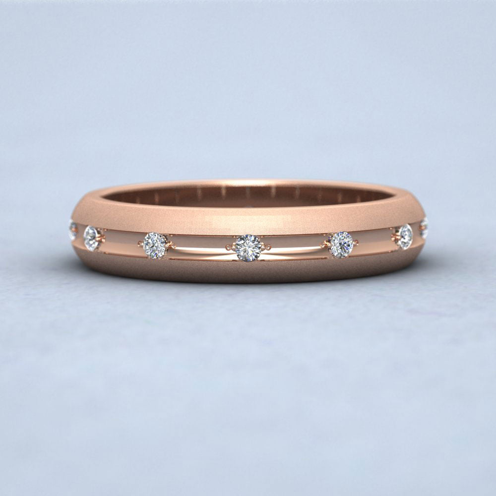 Wedding Ring With Concave Groove Set With Twelve Diamonds 4mm Wide In 9ct Rose Gold Down View