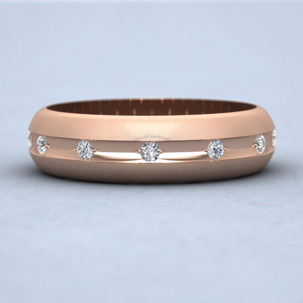 Wedding Ring With Concave Groove Set With Twelve Diamonds 6mm Wide In 9ct Rose Gold Down View