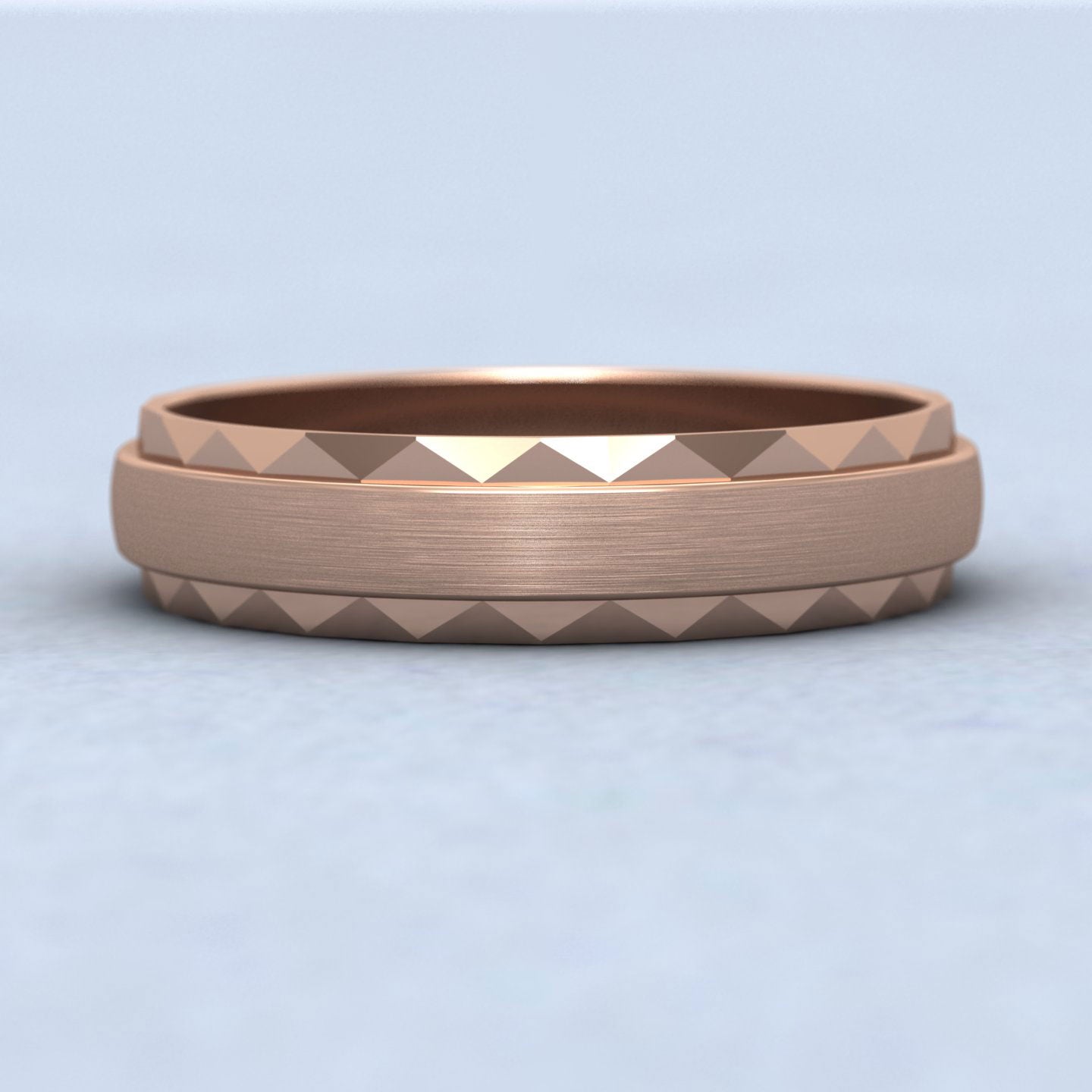 Flat Edge Facetted Cut Patterned And Matt Finish 9ct Rose Gold 5mm Wedding Ring Down View