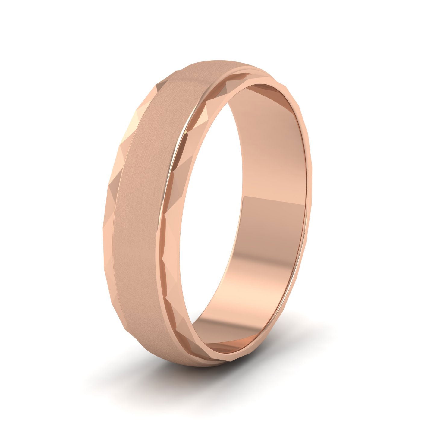 Flat Edge Facetted Cut Patterned And Matt Finish 9ct Rose Gold 6mm Wedding Ring