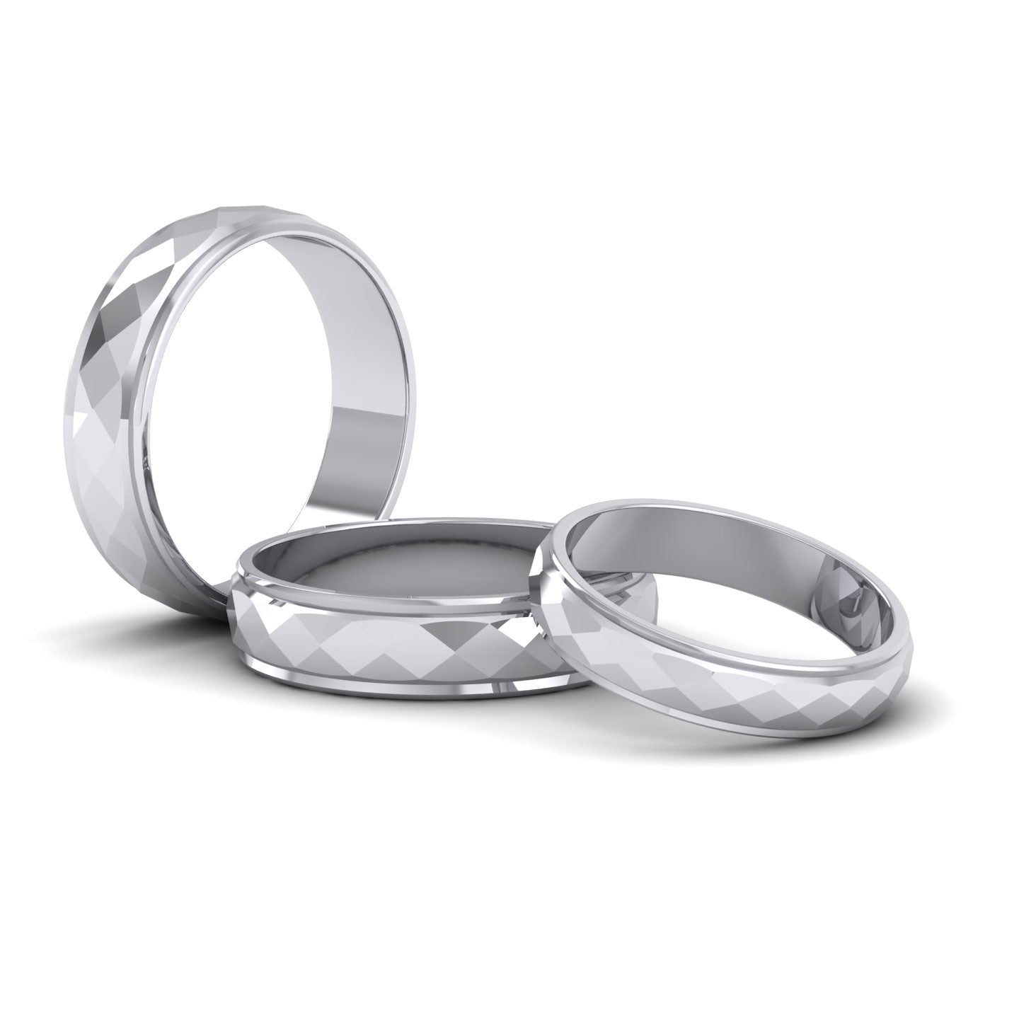Facet And Line Pattern 9ct White Gold 4mm Wedding Ring
