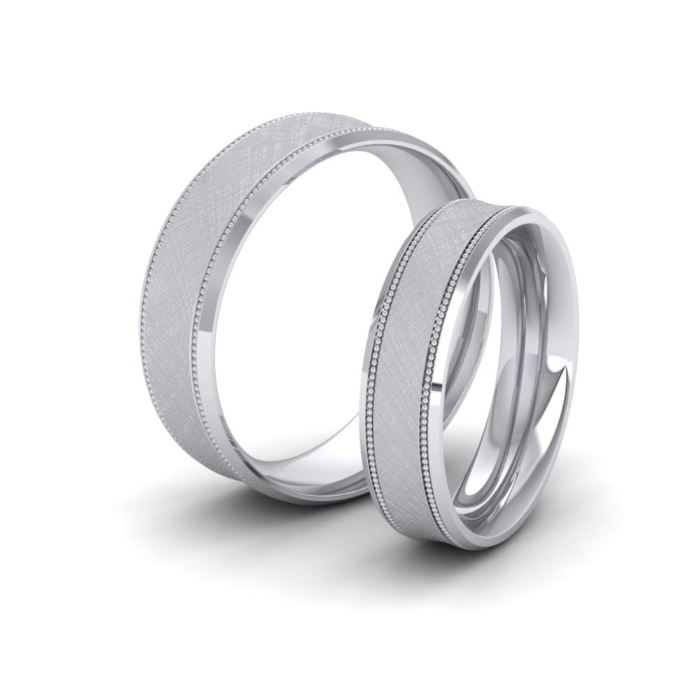 Hatched Centre And Millgrain Patterned 14ct White Gold 5mm Wedding Ring