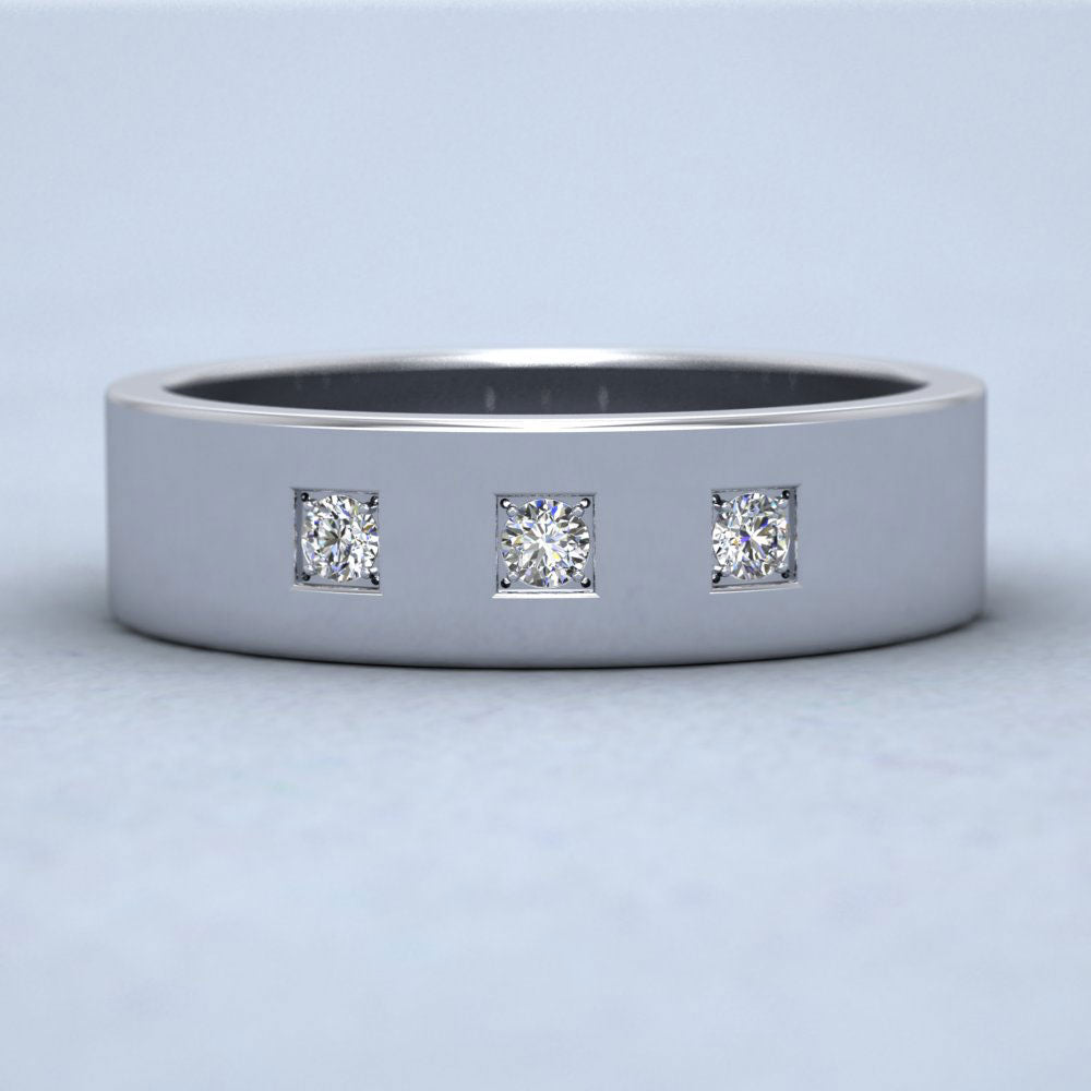 Three Diamonds With Square Setting 9ct White Gold 6mm Wedding Ring Down View