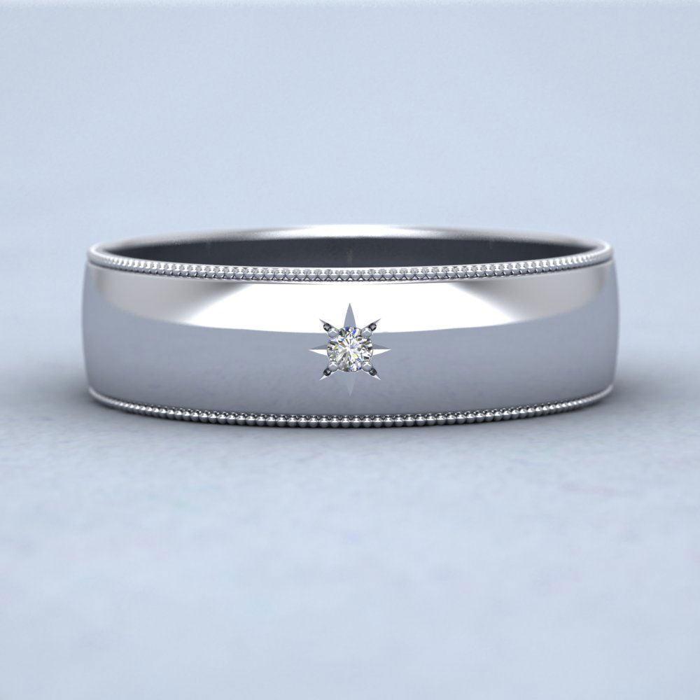 Millgrained Edge And Single Star Diamond Set 18ct White Gold 6mm Wedding Ring Down View