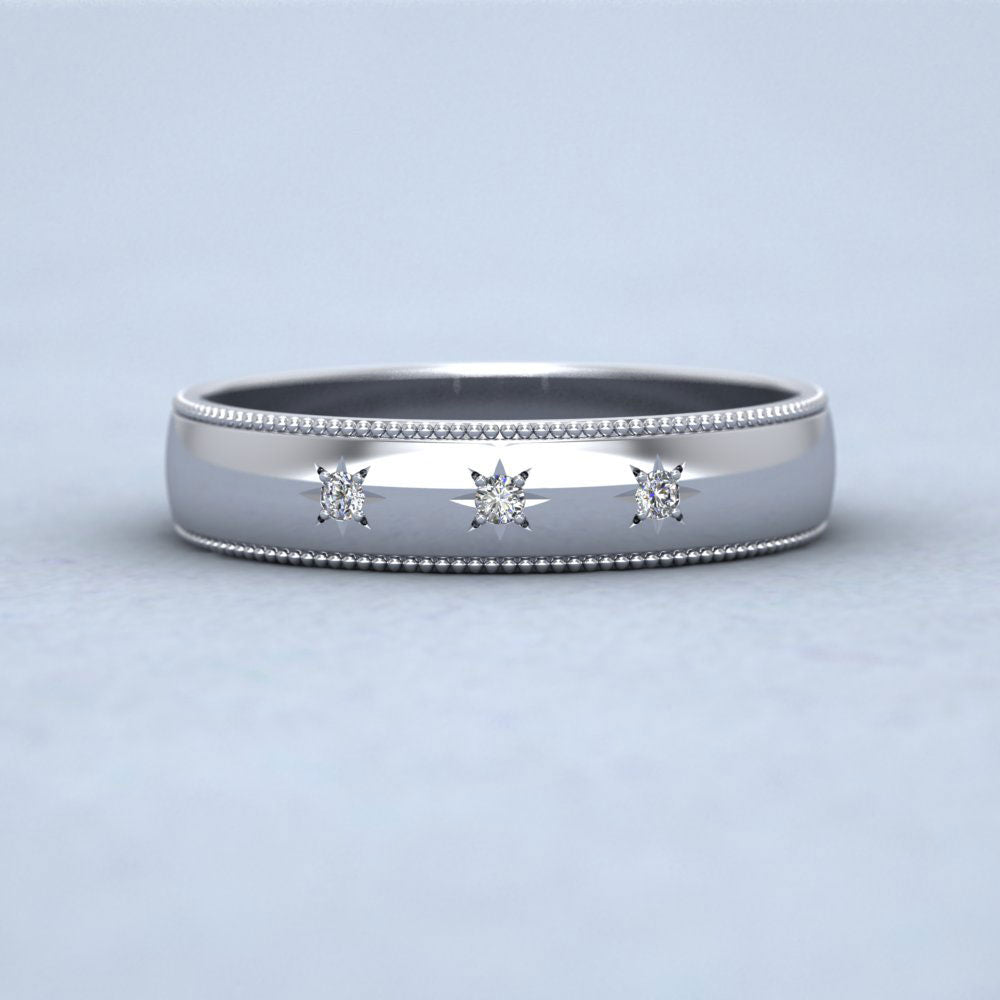 Millgrained Edge And Three Star Diamond Set 14ct White Gold 4mm Wedding Ring Down View